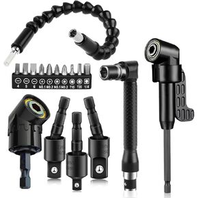 Hand Tools 17Pcs Flexible Drill Bit Extension Right Angle Drill Attachment Set, Screwdriver Bit Set, 360° Rotatable 1/4 3/8 1/2" Impact Grade Socket Adapter Set, Super Bit Shaft Extension Bits