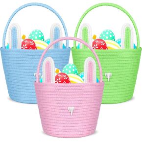 3 Pack Easter Baskets Woven Bunny Basket with Rabbit Ears Rope Easter Eggs Basket with Handles for Toddler Boy Girl Candy Gift Toy Storage Easter Egg Hunt Party Favor Supplies(Pink,Purple,Grey)