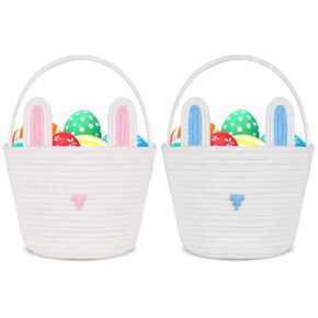 2 Pack Easter Baskets Woven Bunny Basket with Rabbit Ears Rope Easter Eggs Basket with Handles for Toddler Boy Girl Candy Gift Toy Storage Easter Egg Hunt Party Favor Supplies