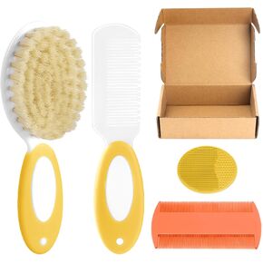 Baby Hair Brush and Comb Set, 4Pcs Baby Soft Bristles Brush Cradle Cap Brush Hair Comb for Newborns Toddlers Boys Girls (Pink)