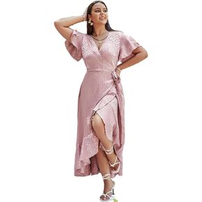 Miessial Women's Elegant Plus Siale Satin Maxi Dress Vr v Vect Leopard Print Ruffle Trim Maternity Summer Dress Lond Pink 20