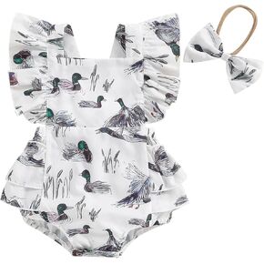 Gueuusu Duck Hunting Baby Girl Clothes Mallard Duck Ruffles Flutter Sleeve Romper Bubble Bodysuit Headband Cute Summer Outfit