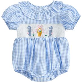 Baby Girl Easter Outfit Bunny Embroidery Bubble Romper Ruffle Short Sleeve Plaid Bodysuit Smocked Baby Clothes