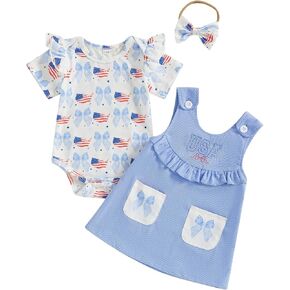 Baby Girl 4th of July Outfit American Flag Romper Embroidery Overall Dress Headband Set Patriotic Baby Clothes