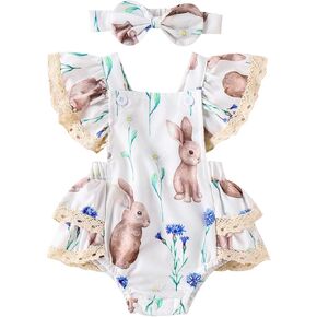 Newborn Baby Girl Easter Outfit Bunny Romper Lace Ruffle Sleeveless Bodysuit Jumpsuit Headband Cute Easter Clothes