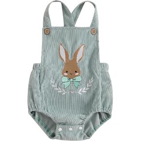 Aopwsrlyi Infant Newborn Baby Boy Girl Easter Outfit Bunny Embroidery Sleeveless Square Neck Romper Corduroy Overalls