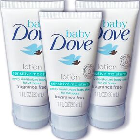 Baby Dove Sensitive Moisture Baby Lotion, 3 Pk Hypoallergenic Fragrance-Free for Sensitive Skin, Moisturizing Unscented Baby Lotion, Safe 4 Newborns Travel Size 1oz Ea
