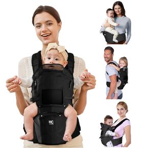 Baby Carrier with Hip Seat 6-in-1 for Newborn to Toddlers - Front & Back Face-in & Face-Out Detachable Baby Holder Carrier for Dad Mom, Ergonomic Positions 7-40 LBS (Black)