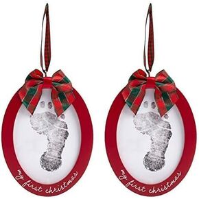 Pearhead Babyprints Double-Sided Christmas Photo Ornament with Clean Touch Ink Pad, Baby's First Christmas Holiday Keepsake Ornament, Newborn Handprint or Footprint Kit, 2 Sided, Red (Pack of 2)