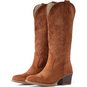 IUV Suede Cowboy Boots for women- Western Pointed Toe, Mid Calf Pull-On Boots
