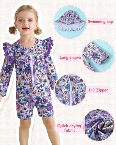 Toddler Girl Swimsuit Baby Girl Bathing Suit Long Sleeve Floral Zipper One-Piece Rash Guard Swimsuit with Hat in Saudi Arabia