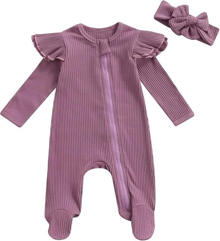 Baby Girl Newborn Outfit 0 3 6 Months Pure Color One Piece Bodysuit Ribbed Long Sleeve Full Zip Up Footie Headband in Saudi Arabia