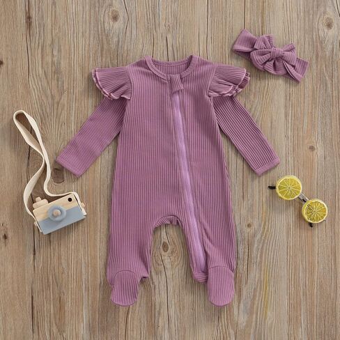 Baby Girl Newborn Outfit 0 3 6 Months Pure Color One Piece Bodysuit Ribbed Long Sleeve Full Zip Up Footie Headband in Saudi Arabia