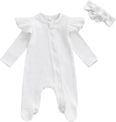 Baby Girl Newborn Outfit 0 3 6 Months Pure Color One Piece Bodysuit Ribbed Long Sleeve Full Zip Up Footie Headband in Saudi Arabia