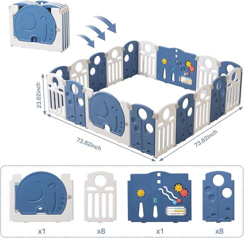 Baby Playpen,for Kids and Toddlers,Kids Activity Centre Safety Play Yard,Indoor&Outdoor Pattern Baby Fence with Game Panel, Safety Lock, Non-Slip Bases, Adjustable Shape,18 Panels in Kuwait