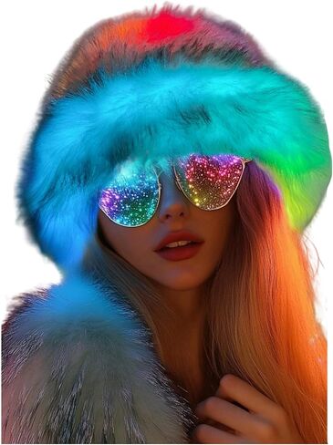 Women Teen Warm Winter Hat Rainbow Fluffy Furry Plush Faux Fur Hats Smart LED Light Up Fishing Hat Bucket Hats in Saudi Arabia