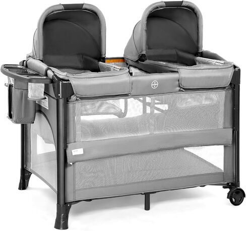 JOYMOR Twin Bassinet for Baby, Bedside Bassinet, Convertible to Bedside Sleeper and Playpen, with Wheel, Brake, Foldable Side Sleeper, Gray in Kuwait