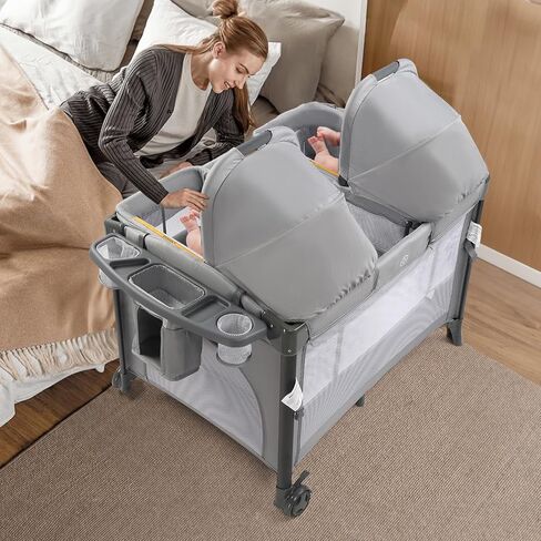 JOYMOR Twin Bassinet for Baby, Bedside Bassinet, Convertible to Bedside Sleeper and Playpen, with Wheel, Brake, Foldable Side Sleeper, Gray in Kuwait