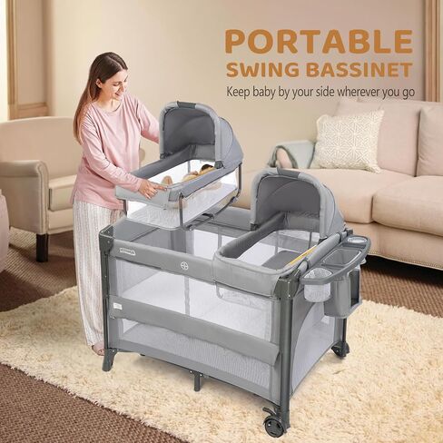 JOYMOR Twin Bassinet for Baby, Bedside Bassinet, Convertible to Bedside Sleeper and Playpen, with Wheel, Brake, Foldable Side Sleeper, Gray in Kuwait