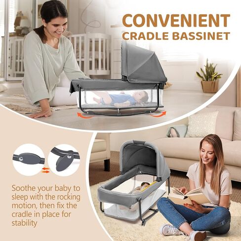 JOYMOR Twin Bassinet for Baby, Bedside Bassinet, Convertible to Bedside Sleeper and Playpen, with Wheel, Brake, Foldable Side Sleeper, Gray in Kuwait