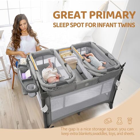 JOYMOR Twin Bassinet for Baby, Bedside Bassinet, Convertible to Bedside Sleeper and Playpen, with Wheel, Brake, Foldable Side Sleeper, Gray in Kuwait
