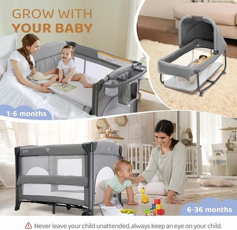 JOYMOR Twin Bassinet for Baby, Bedside Bassinet, Convertible to Bedside Sleeper and Playpen, with Wheel, Brake, Foldable Side Sleeper, Gray in Kuwait