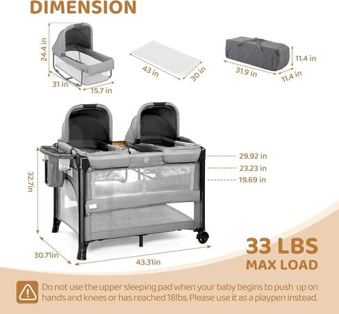 JOYMOR Twin Bassinet for Baby, Bedside Bassinet, Convertible to Bedside Sleeper and Playpen, with Wheel, Brake, Foldable Side Sleeper, Gray in Kuwait