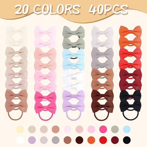 40pcs 20colors 1.6 Inches Baby Hair Ties with Bows Elastics Ponytail Holders Baby Bows Tiny Rubber Ribbon Hair Bands For Baby Girls Infants Hair Accessories(Earth Color) in Saudi Arabia