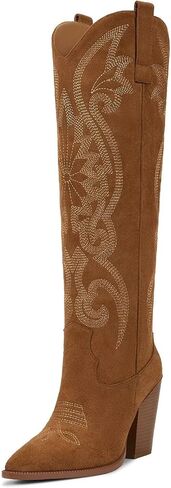 ISNOM Womens Cowboy Knee High Boots Boots Boots Western Western Withited Withing Exproidered Ene Cheel Cheel Clip on Brostro Tall Boots in Kuwait