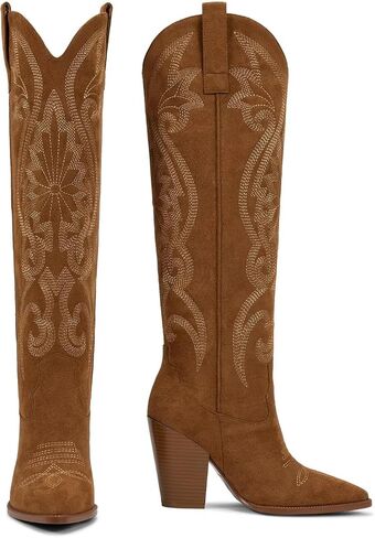ISNOM Womens Cowboy Knee High Boots Boots Boots Western Western Withited Withing Exproidered Ene Cheel Cheel Clip on Brostro Tall Boots in Kuwait
