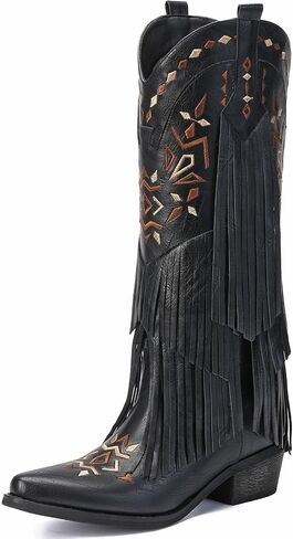 Cowboy Boots for Women - Fringe Knee High Cowgirl Boots with Classic Embroidery, Pointed Toe Pull on Retro Design, Perfect for Western Parties, Weddings and Events in Saudi Arabia