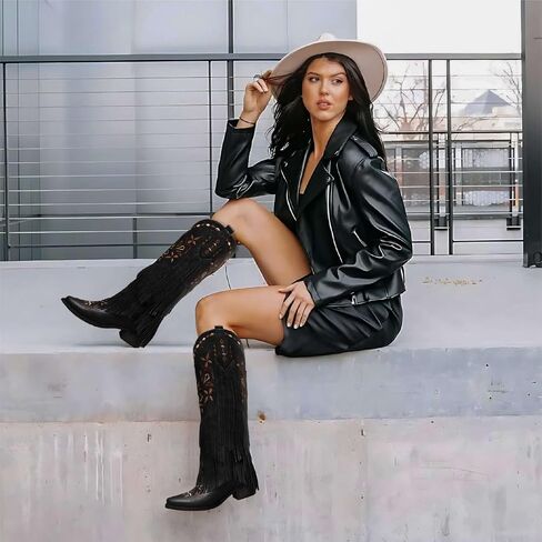 Cowboy Boots for Women - Fringe Knee High Cowgirl Boots with Classic Embroidery, Pointed Toe Pull on Retro Design, Perfect for Western Parties, Weddings and Events in Saudi Arabia
