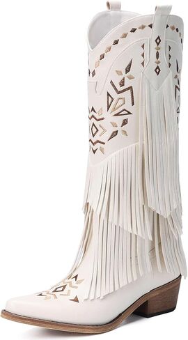 Cowboy Boots for Women - Fringe Knee High Cowgirl Boots with Classic Embroidery, Pointed Toe Pull on Retro Design, Perfect for Western Parties, Weddings and Events in Saudi Arabia