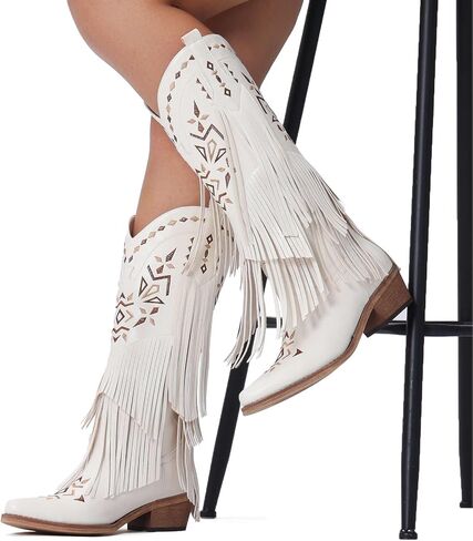 Cowboy Boots for Women - Fringe Knee High Cowgirl Boots with Classic Embroidery, Pointed Toe Pull on Retro Design, Perfect for Western Parties, Weddings and Events in Saudi Arabia