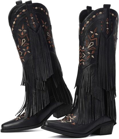 Cowboy Boots for Women - Fringe Knee High Cowgirl Boots with Classic Embroidery, Pointed Toe Pull on Retro Design, Perfect for Western Parties, Weddings and Events in Saudi Arabia