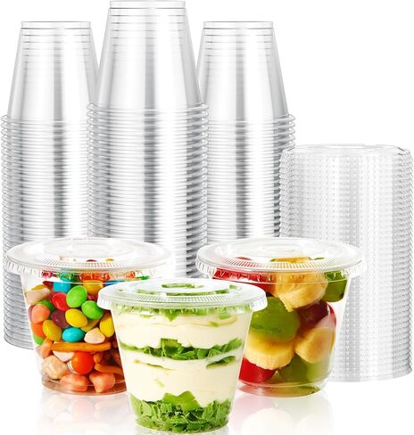 Vplus 200 Pack 9 OZ Plastic Cups With Dome Lids, 9 OZ PET Crystal Clear Cups, Disposable Plastic Cups For Parfait, Fruit, Desserts, Snacks, Yogurt, and Jelly in Saudi Arabia