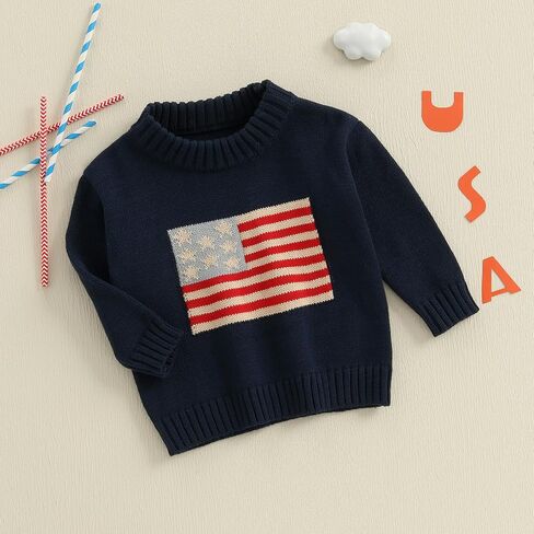 Toddler Baby Girl Boy Knit Sweater American Flag Embroidery USA Sweaters Pullover 4th of July Outfit in Kuwait