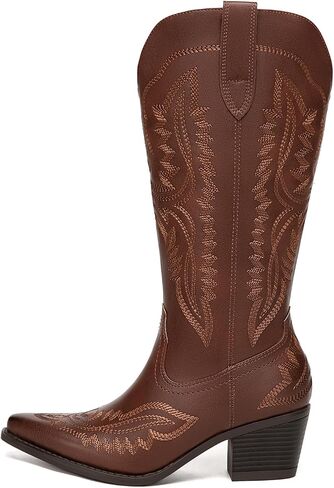Athlefit Cowboy Boots for Women Western Cowgirl Square Toe boots Embroidery Chunky Heel Mid-Calf Boots in Saudi Arabia