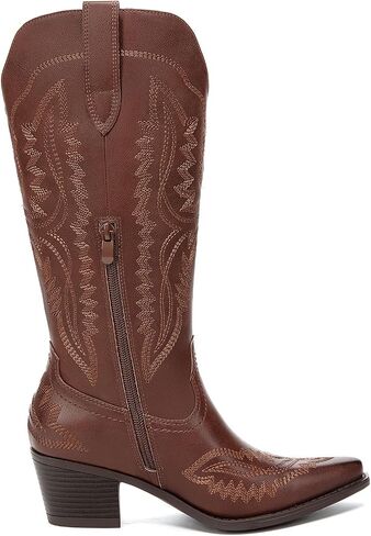 Athlefit Cowboy Boots for Women Western Cowgirl Square Toe boots Embroidery Chunky Heel Mid-Calf Boots in Saudi Arabia
