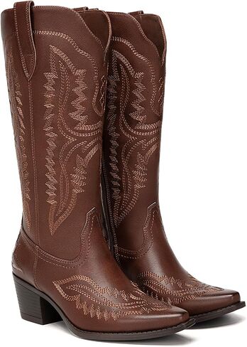 Athlefit Cowboy Boots for Women Western Cowgirl Square Toe boots Embroidery Chunky Heel Mid-Calf Boots in Saudi Arabia