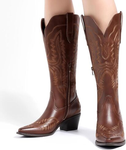Athlefit Cowboy Boots for Women Western Cowgirl Square Toe boots Embroidery Chunky Heel Mid-Calf Boots in Saudi Arabia