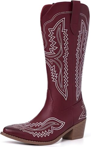 Athlefit Cowboy Boots for Women Western Cowgirl Square Toe boots Embroidery Chunky Heel Mid-Calf Boots in Saudi Arabia