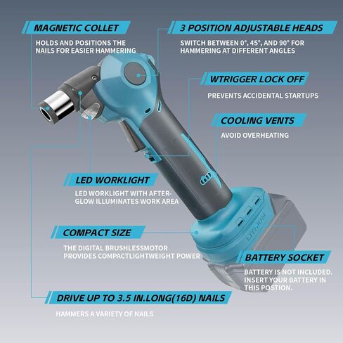 Cordless Palm Nailer Compatible with Makita 18V Battery,14000 RPM Brushless Motor, 0°-90° Adjustable Head with Magnetic Tip,Auto Hammer for Framing, Joist Hangers, Roofing & Tight Spaces (NO Battery) in Saudi Arabia