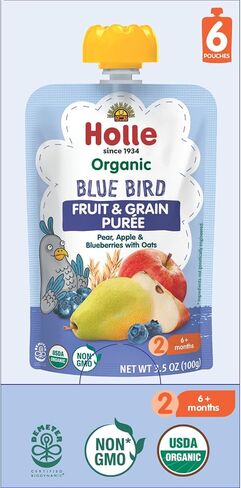 Holle Organic Baby Food Pouches - Blue Bird Baby Puree with Pear, Apple, Blueberry & Oat - (6 Pack) Organic Baby Snacks + Fruit and Veggie Pouches for Weaning Babies 6 Months and Older in Saudi Arabia
