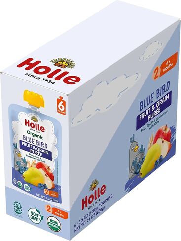 Holle Organic Baby Food Pouches - Blue Bird Baby Puree with Pear, Apple, Blueberry & Oat - (6 Pack) Organic Baby Snacks + Fruit and Veggie Pouches for Weaning Babies 6 Months and Older in Saudi Arabia