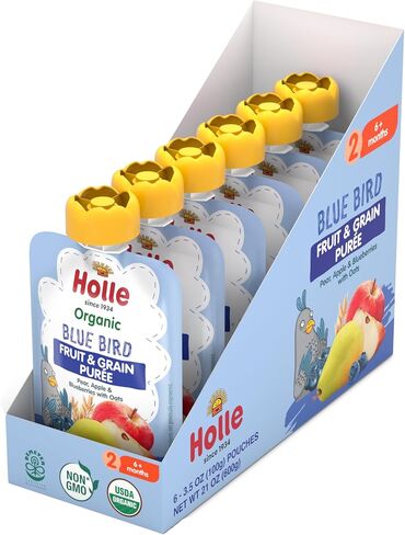Holle Organic Baby Food Pouches - Blue Bird Baby Puree with Pear, Apple, Blueberry & Oat - (6 Pack) Organic Baby Snacks + Fruit and Veggie Pouches for Weaning Babies 6 Months and Older in Saudi Arabia