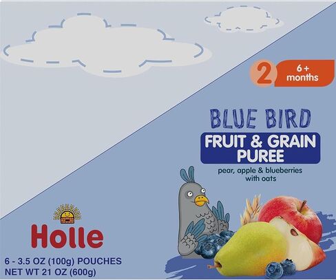 Holle Organic Baby Food Pouches - Blue Bird Baby Puree with Pear, Apple, Blueberry & Oat - (6 Pack) Organic Baby Snacks + Fruit and Veggie Pouches for Weaning Babies 6 Months and Older in Saudi Arabia
