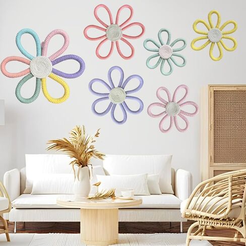 KUNHEHO Boho Daisy Wall Decor Set of 6, Handmade Flower Wall Hanging Decor, Pastel Woven Floral Wall Art for Nursery, Girls Bedroom, Playroom, Bohemian Home Decoration in Saudi Arabia
