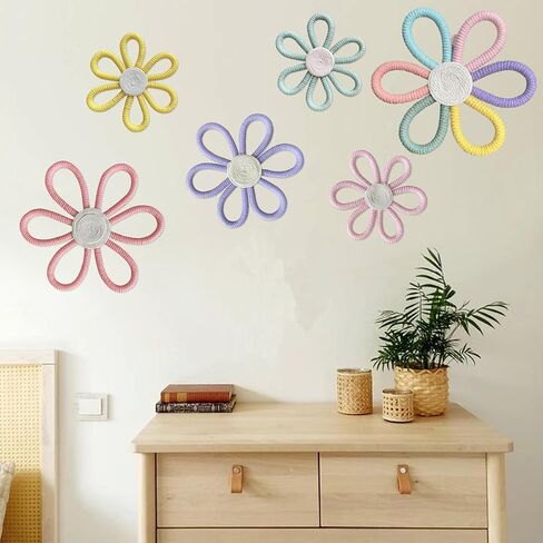 KUNHEHO Boho Daisy Wall Decor Set of 6, Handmade Flower Wall Hanging Decor, Pastel Woven Floral Wall Art for Nursery, Girls Bedroom, Playroom, Bohemian Home Decoration in Saudi Arabia