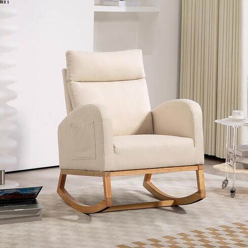 Nursery Glider Chair Rocking Chair, Upholstered Nursery with Rubber Wood Legs, Comfy High Backrest, Side Pockets, Accent Rocker Armchair for Living Room, 27.6" D x 33.9" W x 41.1" H, White in Saudi Arabia